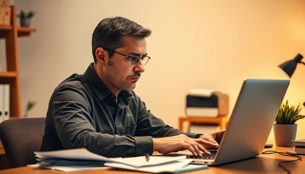 A seasoned SEO expert deeply engrossed in analyzing a client's business needs. Sitting at a wooden desk, surrounded by a minimalist, well-lit home office. Laptop open, papers scattered, brow furrowed in concentration. Warm, diffused lighting illuminates the scene, creating a contemplative atmosphere. The expert's expression conveys a focused, problem-solving mindset, as they meticulously review website analytics, search engine rankings, and other data to identify areas for improvement. The background is softly blurred, keeping the attention on the SEO professional's intense, analytical gaze.
