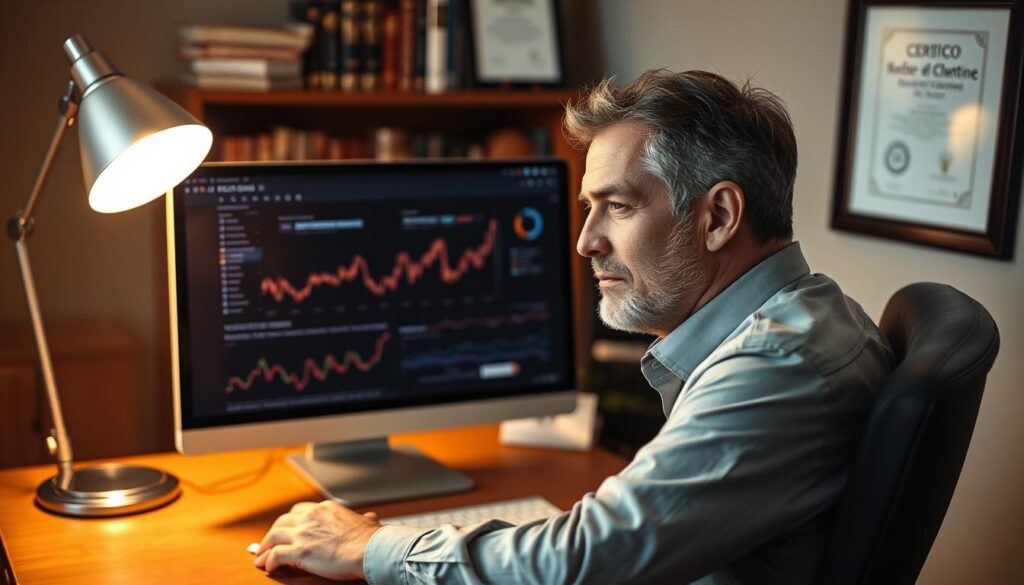 A seasoned SEO expert sits at a desk, deep in thought, surrounded by a tasteful office environment in Murfreesboro, Tennessee. Warm lighting from a desk lamp casts a cozy glow, while a large monitor displays intricate analytics data. The expert's face is partially obscured, emphasizing their intense focus on optimizing the client's online presence. In the background, a bookshelf filled with industry-related tomes and a framed certificate signify their expertise and dedication to the field of search engine optimization.