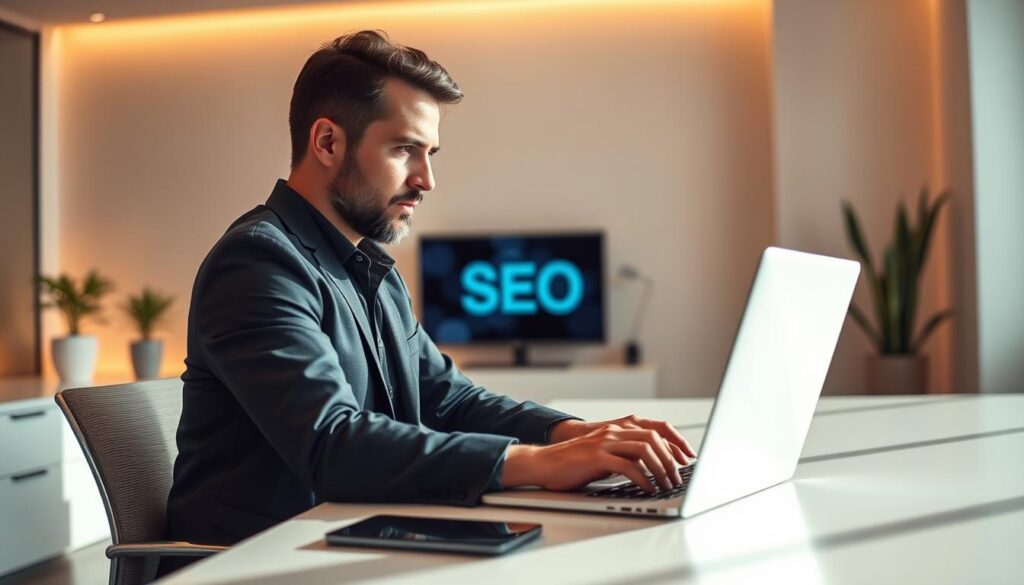 A seasoned SEO expert sitting at a sleek desk, intently focused on a laptop screen, surrounded by a minimalist, modern office space bathed in warm, natural lighting. The expert's face is slightly visible, conveying a sense of deep concentration and expertise. The background features clean lines, neutral tones, and subtle technological accents, creating an atmosphere of professionalism and innovation. The overall composition evokes a sense of authority and competence in the field of SEO, perfectly suited to illustrate the "Essential SEO Strategies for Topeka Businesses" section.