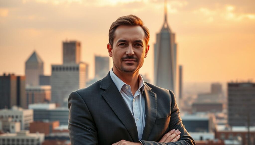 A seasoned SEO expert standing confidently in the bustling city of Broken Arrow, Oklahoma. Dressed in a crisp suit, they exude professionalism and expertise. The backdrop features the city's skyline, including the iconic landmarks that define the local landscape. Warm, golden lighting illuminates the scene, creating a sense of authority and success. The expert's gaze is directed towards the viewer, conveying a keen understanding of the region's unique SEO challenges and a commitment to delivering exceptional results. The overall composition suggests a fusion of strategic thinking, technical prowess, and a deep understanding of the local market, all of which are essential for effective SEO services in Broken Arrow.