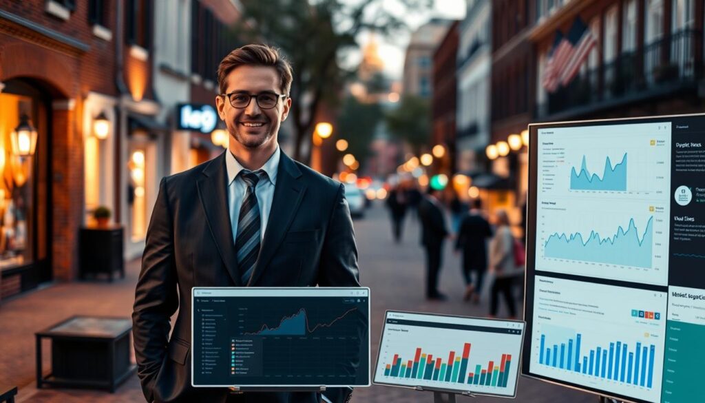A seasoned SEO expert standing confidently in the bustling streets of Alexandria, VA. Dressed in a crisp suit, they exude professionalism and expertise. In the foreground, an array of digital devices and analytics dashboards showcases their data-driven approach. The middle ground features the iconic architecture of Old Town Alexandria, with its cobblestone streets and historic buildings. In the background, a subtle glow of the city skyline sets the scene, conveying a sense of urban sophistication. Warm lighting and a shallow depth of field create a polished, editorial-style image.