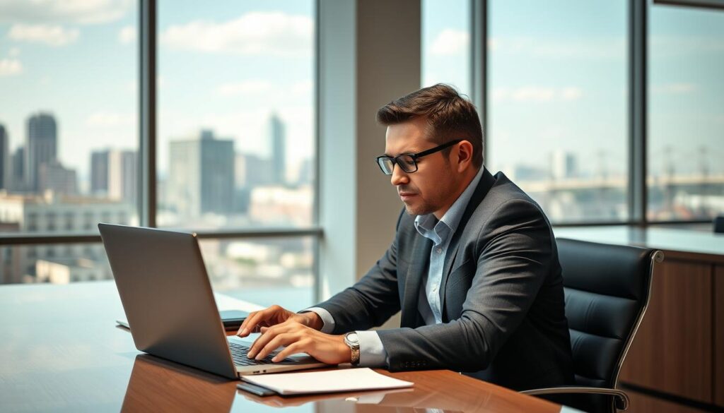 A seasoned SEO specialist, sitting at a desk, intently analyzing website metrics on a laptop. The office environment is modern and minimalist, with clean lines and natural lighting filtering in through large windows. The professional's attire is smart casual, conveying a sense of expertise and dedication. In the background, a city skyline is visible, hinting at the broader business landscape. The overall atmosphere is one of focused problem-solving, with the SEO partner ready to provide tailored solutions to boost the Killeen business's online presence and success.