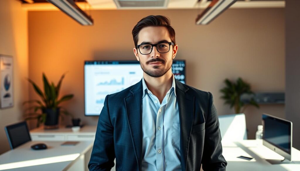 A seasoned SEO specialist standing confidently in their Midland, TX office, surrounded by a sleek, minimalist workspace. The scene is bathed in warm, directional lighting, casting subtle shadows and highlighting the specialist's focused expression. In the background, a large monitor displays detailed analytics and performance metrics, underscoring their expertise. The overall atmosphere conveys a sense of professionalism, efficiency, and a deep understanding of the local digital landscape.