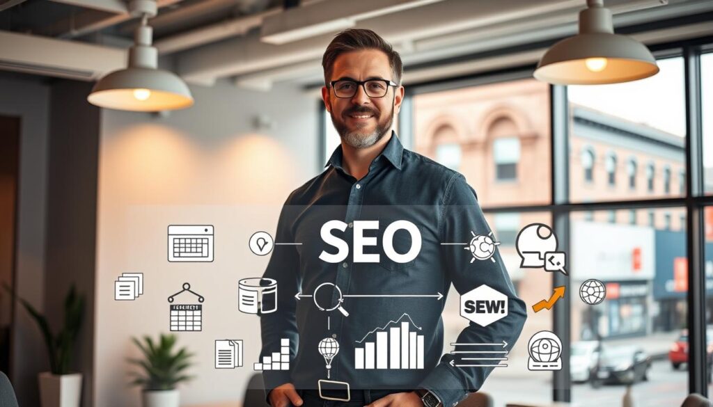 A seasoned SEO specialist stands confidently in a modern office setting, surrounded by a sleek, minimalist workspace. Warm, diffused lighting from overhead fixtures casts a professional glow, highlighting the individual's focused expression as they review data on a large, high-resolution monitor. In the middle ground, stylized icons and infographics depicting SEO-related concepts like search engine algorithms, keyword optimization, and content strategy are prominently displayed, conveying the depth of their expertise. The background features the iconic architecture of downtown Fort Collins, Colorado, with its historic buildings and bustling streets visible through large windows, suggesting the specialist's deep understanding of the local market and ability to drive impactful SEO results for their clients.
