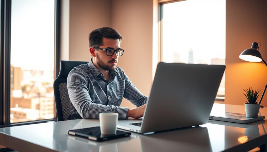 A seasoned Syracuse SEO expert, seated at a sleek, minimalist desk, gazes intently at a laptop screen, surrounded by a well-organized workspace. Warm, directional lighting from a large window casts a soft glow, highlighting the expert's focused expression and the clean, modern decor of the office. In the background, a city skyline is visible through the window, hinting at the expert's deep understanding of the local market and their ability to drive digital success for Syracuse-based businesses.