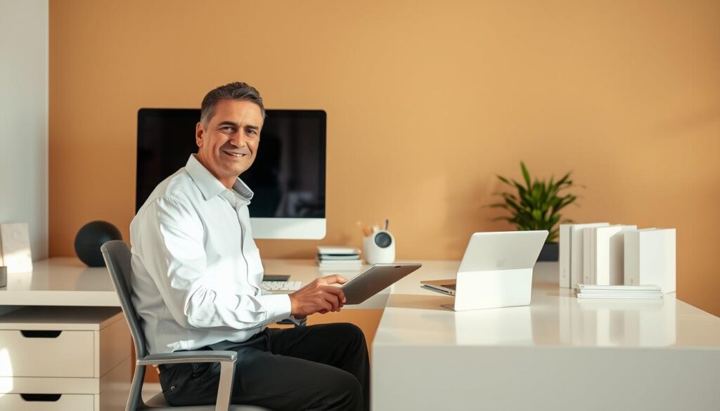 A seasoned local SEO expert, dressed in a crisp white shirt and dark slacks, sits at a sleek, modern desk in a well-lit home office. The workspace features a large monitor, a tablet, and an array of organizational tools, conveying a sense of professionalism and attention to detail. The expert's expression is focused, with a slight smile, conveying a sense of confidence and expertise. The background is a warm, neutral-toned wall, creating a clean and minimalist atmosphere. Subtle, directional lighting casts a soft glow, highlighting the expert's features and the workspace. The overall impression is one of a knowledgeable and capable SEO professional, well-equipped to navigate the digital landscape for businesses in Hollywood, FL.