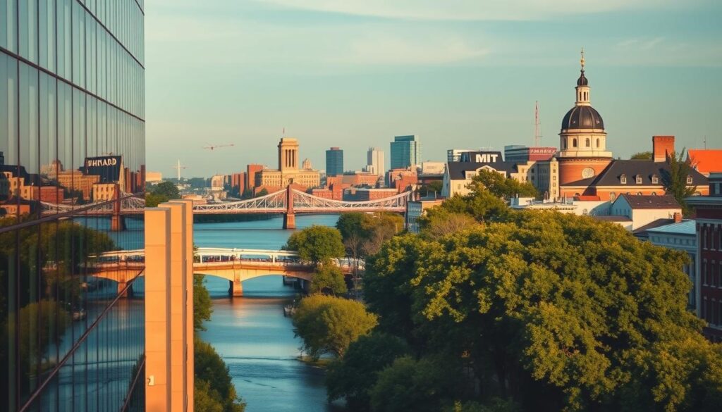 A serene cityscape of Cambridge, MA, showcasing the iconic landmarks of Harvard University and MIT. In the foreground, a modern office building with sleek glass facades and minimalist signage, representing a state-of-the-art SEO services provider. The middle ground features lush greenery and tree-lined streets, conveying a sense of balance and sustainability. In the background, the Charles River meanders peacefully, reflecting the historic bridges and the vibrant skyline. Warm, diffused lighting casts a gentle glow, creating a professional yet welcoming atmosphere. Captured through a wide-angle lens, the image conveys the comprehensive nature of the SEO services offered in this thriving, technology-driven hub.