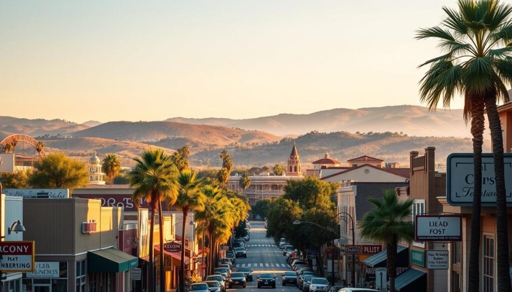 A serene cityscape of Escondido, California, bathed in warm, golden afternoon light. In the foreground, a bustling street lined with diverse local businesses, their signage and storefronts showcasing the vibrant character of the community. In the middle ground, towering palm trees sway gently, framing the iconic architecture of historic downtown buildings. The background features the rolling hills and lush greenery that have made Escondido a sought-after destination. The scene conveys a sense of small-town charm and entrepreneurial energy, setting the stage for effective SEO strategies to help local businesses thrive.