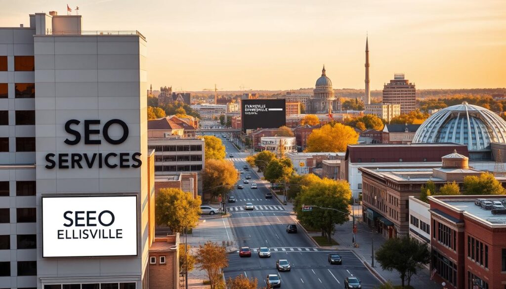 A serene cityscape of Evansville, Indiana, showcasing the essential role of SEO services. In the foreground, a modern office building with a prominent sign, "SEO Services Evansville," stands tall, its sleek, contemporary design reflecting the sophistication of the digital marketing industry. The middle ground features the bustling streets of the city, with cars and pedestrians navigating the thriving urban landscape. In the background, the iconic landmarks of Evansville, such as the Evansville Riverfront and the Evansville Museum of Arts, History and Science, provide a picturesque backdrop, bathed in warm, golden-hour lighting that lends an air of prosperity and progress. The overall scene conveys the importance of SEO services in driving the growth and visibility of local businesses, seamlessly integrated into the vibrant fabric of the Evansville community.