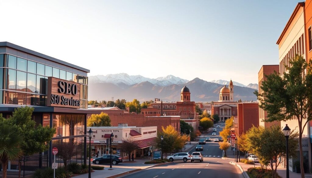 A serene cityscape of Pueblo, Colorado, showcasing the vibrant downtown area. In the foreground, a modern office building with sleek signage displays "SEO Services" prominently. The building is surrounded by lush, well-manicured landscaping, creating a welcoming atmosphere. In the middle ground, historic adobe-style structures blend seamlessly with contemporary architecture, capturing the blend of old and new that defines Pueblo's character. The background features the majestic Sangre de Cristo Mountains, their snow-capped peaks creating a dramatic backdrop. The scene is bathed in warm, golden lighting, conveying a sense of productivity and professionalism. The overall composition emphasizes the comprehensive nature of the SEO services available in this thriving Colorado city.