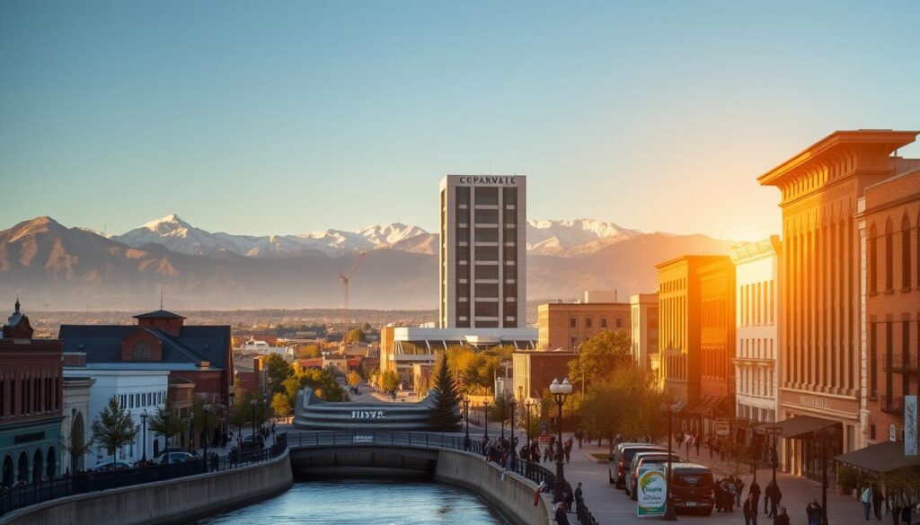 A serene cityscape of Pueblo, Colorado, with the iconic Riverwalk and historic buildings in the foreground. The afternoon sun casts warm, golden light, illuminating the bustling streets and pedestrians below. In the middle ground, a modern office building stands tall, its sleek, minimalist design a testament to the city's progress. The Rocky Mountains loom in the distance, their majestic peaks framing the scene. The overall atmosphere conveys a sense of vibrant, forward-thinking energy, reflecting the ideal environment for a top-tier SEO services provider.