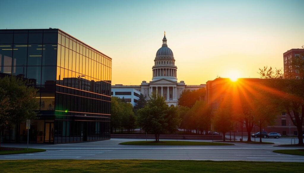 A serene cityscape of Springfield, Illinois, with the iconic Illinois State Capitol building in the background, bathed in warm evening light. In the foreground, a modern office building with sleek, minimalist design, representing a state-of-the-art SEO services provider. The scene conveys a sense of professionalism, expertise, and the city's vibrant business environment. The lighting is soft and diffused, creating a welcoming atmosphere, while the composition balances the architectural elements with a touch of natural greenery in the middle ground.