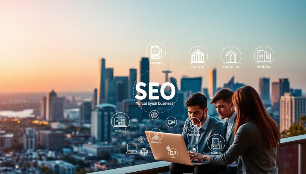 A serene cityscape of Yonkers, New York, with the city's iconic landmarks in the background. In the foreground, a team of digital marketing professionals collaborating on a laptop, surrounded by stylized icons representing various SEO services - search engine optimization, content creation, analytics, and more. Warm, directional lighting casts a soft glow, creating a professional and collaborative atmosphere. The scene conveys the expertise and comprehensive nature of the SEO services offered, tailored to elevate local Yonkers businesses.