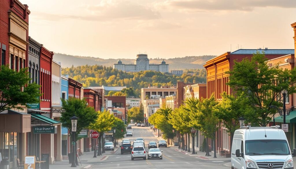 A serene cityscape showcasing the vibrant downtown of High Point, North Carolina. In the foreground, a bustling street lined with local shops, cafes, and small businesses, their signage and storefronts reflecting the unique character of the city. In the middle ground, the iconic High Point Market showrooms rise up, their modern architecture contrasting with the historic buildings surrounding them. In the background, the rolling hills and lush greenery of the Piedmont region create a picturesque backdrop, bathed in warm, golden afternoon light. The scene conveys the sense of a thriving, close-knit community that values its local economy and the power of effective SEO to help these businesses reach their full potential.