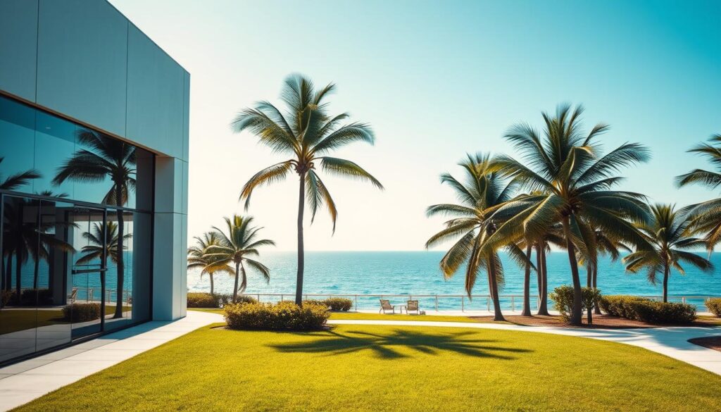 A serene coastal office setting in Pompano Beach, Florida. In the foreground, a sleek, modern exterior with large windows and a minimalist design. The middle ground features a well-manicured lawn and lush palm trees swaying gently in the breeze. In the background, a clear blue sky and the distant horizon of the Atlantic Ocean. The lighting is soft and natural, highlighting the warm, tropical atmosphere. The overall composition conveys a sense of professionalism, expertise, and the perfect backdrop for a thriving SEO agency serving the Pompano Beach community.