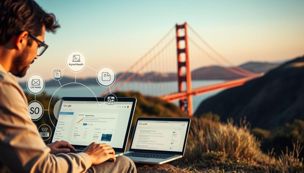 A serene landscape in Hayward, California, showcasing the comprehensive suite of SEO services. In the foreground, a team of digital marketing experts collaborates on a laptop, surrounded by icons representing website optimization, keyword research, content creation, and link building. The middle ground features a laptop displaying search engine results, highlighting the impact of their work. In the background, the iconic Golden Gate Bridge stands tall, symbolizing the far-reaching benefits of their SEO expertise. Warm, natural lighting and a subtle vignette create a professional, yet inviting atmosphere, reflecting the reliable and results-driven nature of the services offered.