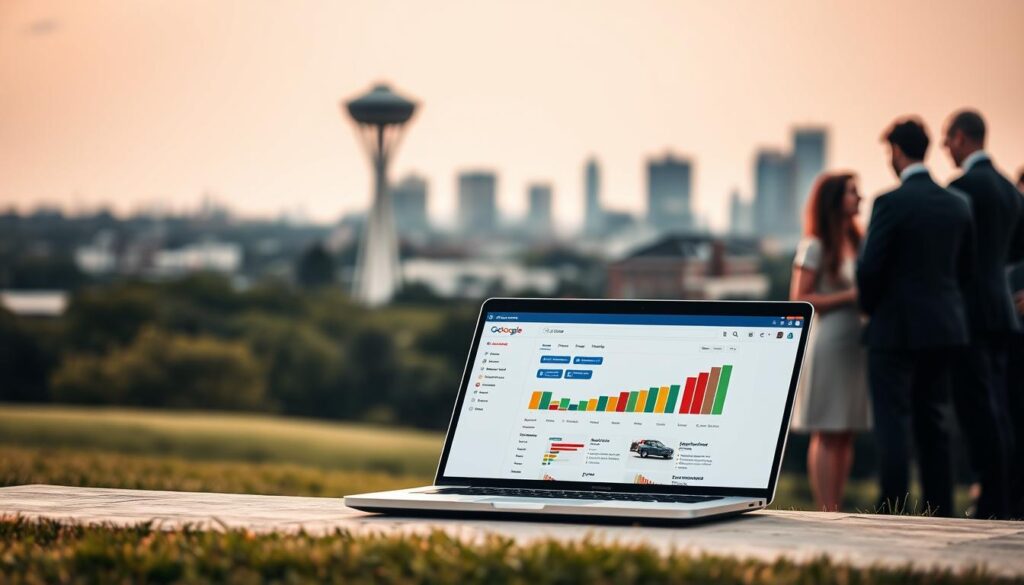 A serene landscape in Lewisville, TX, showcasing the key components of effective SEO services. In the foreground, a stylized laptop displays a search engine optimization dashboard, its sleek design and vibrant colors evoking the precision and technology of modern digital marketing. In the middle ground, a team of professionals collaborate, their faces obscured but their body language conveying expertise and collaboration. In the background, the iconic water tower and city skyline of Lewisville create a sense of place, grounding the scene in the local context. The lighting is soft and diffused, creating a warm, inviting atmosphere that reflects the professionalism and customer-centric approach of the SEO services on offer.