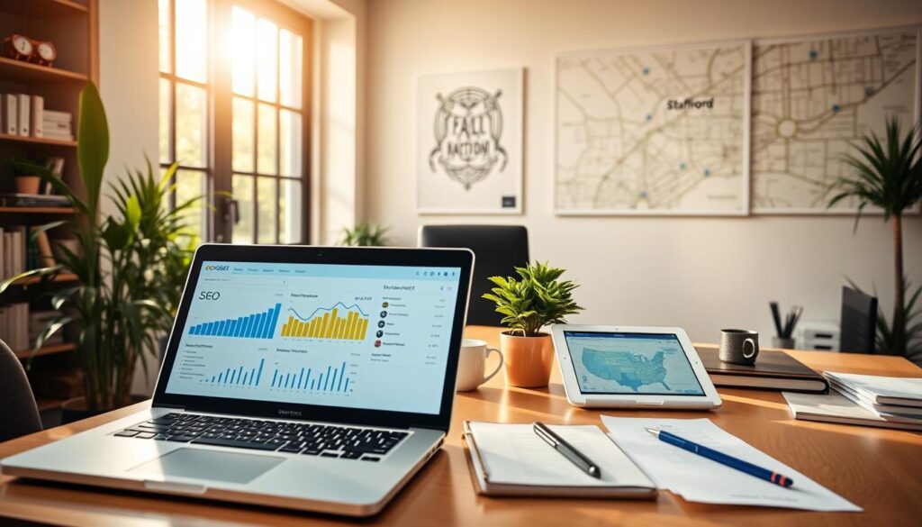 A serene local business office, bathed in warm, natural lighting from large windows. In the foreground, a laptop and tablet display SEO analytics and keyword research. The middle ground features a desk with a potted plant, coffee mug, and neatly organized office supplies, hinting at the diligent work of a local business owner. The background showcases a wall map of the Stamford, CT area, underscoring the importance of local SEO. The overall scene conveys a sense of focus, organization, and a commitment to optimizing the business's online presence and visibility within the community.