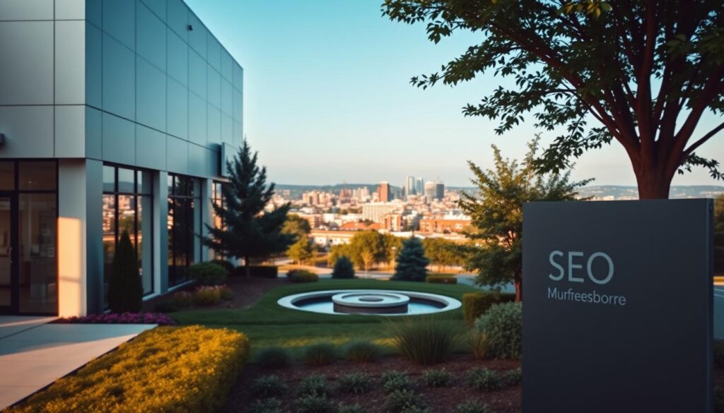 A serene, modern office building nestled in the heart of Murfreesboro, Tennessee. The exterior features clean lines, large windows, and a sleek, professional aesthetic. In the foreground, a discreet sign displays the name of the SEO agency in a subtle, elegant font. The middle ground showcases a well-manicured landscape, with lush greenery and a tranquil water feature. The background depicts the vibrant, bustling city of Murfreesboro, its skyline visible in the distance. The lighting is soft and natural, casting a warm, inviting glow over the scene. The overall atmosphere conveys a sense of trust, expertise, and attention to detail - the hallmarks of a top-tier SEO partner.