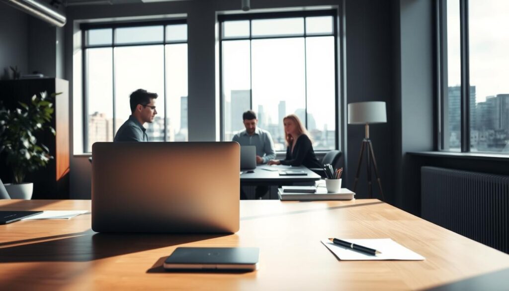 A serene, modern office setting in New Haven, CT, illuminated by natural light filtering through large windows. In the foreground, a laptop and office supplies are neatly arranged on a sleek, wooden desk. The middle ground features a team of SEO experts collaborating, their faces obscured but their body language conveying deep concentration. In the background, the cityscape of New Haven can be seen through the windows, a bustling urban landscape that serves as the backdrop for the essential SEO services being provided.