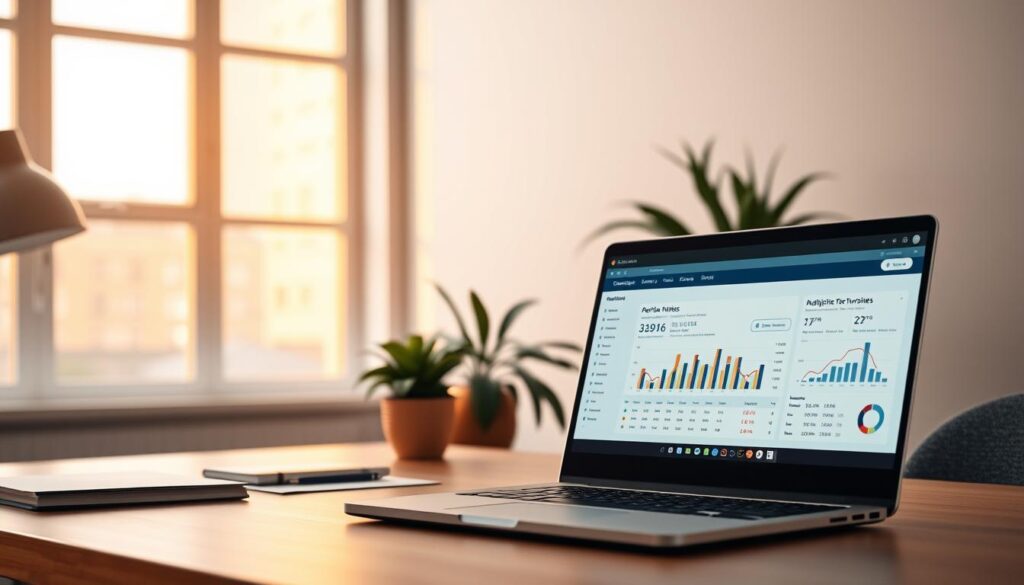 A serene office scene, with a laptop displaying analytics and charts against a backdrop of a minimalist desk, neatly organized with stationery and a potted plant. Warm, natural lighting from a large window casts a soft glow, creating a contemplative atmosphere. The laptop screen showcases detailed performance metrics, metrics, and insights, reflecting the analytical focus of the "SEO Performance Assessment" topic. The overall composition conveys a sense of professionalism, productivity, and a thoughtful approach to evaluating digital marketing strategies.