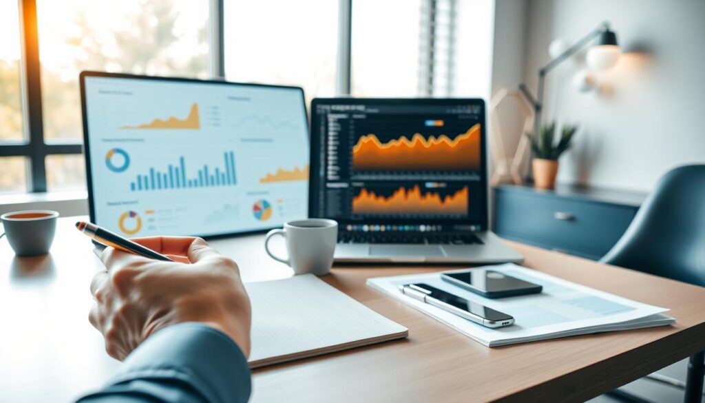 A serene office scene with a sleek, modern desk showcasing various digital analytics tools and performance metrics displayed on a laptop screen. The environment is bathed in warm, natural lighting from a large window, conveying a sense of productivity and focus. In the foreground, a hand holds a pen, poised to jot down insights from the data, while in the middle ground, a cup of coffee sits alongside neatly organized papers and a smartphone. The background features minimalist decor, emphasizing the importance of the analytical work at hand. The overall mood is one of diligence and determination in measuring the success of an SEO campaign for a thriving Round Rock business.