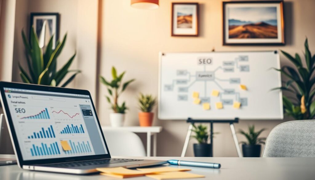 A serene office setting in Jurupa Valley, California, illuminated by warm, natural lighting. In the foreground, a laptop displays SEO metrics and analytics, surrounded by strategically placed sticky notes and a pen. In the middle ground, a whiteboard showcases a mind map of essential SEO tactics, including keyword research, on-page optimization, and local listings. In the background, potted plants and framed landscapes lend a sense of productivity and tranquility. The overall atmosphere conveys a professional, yet approachable, environment where Jurupa Valley businesses can develop and implement effective SEO strategies.
