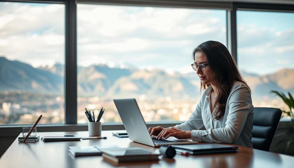 A serene office setting in Salt Lake City, with a large window overlooking the majestic Wasatch mountains. In the foreground, a professional-looking desk with a laptop and various office supplies, conveying a sense of productivity and focus. The middle ground features a strategist deeply engaged in analyzing SEO data on the laptop screen, their expression one of thoughtful concentration. The background is softly lit, creating a warm and inviting atmosphere, with subtle hints of the city skyline visible outside the window. The overall scene evokes the expertise and care that goes into providing effective SEO consultations.