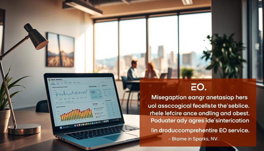 A serene office setting in Sparks, NV, bathed in warm, natural lighting. In the foreground, a laptop displays website analytics and SEO metrics, surrounded by a clean, minimalist workspace with a stylish desk lamp and a potted plant. In the middle ground, a team of marketing professionals collaborates, discussing strategies to optimize the client's online presence. The background features the iconic skyline of Sparks, conveying a sense of urban vitality and progress. The overall mood is one of professionalism, efficiency, and a commitment to driving tangible results through comprehensive SEO services.