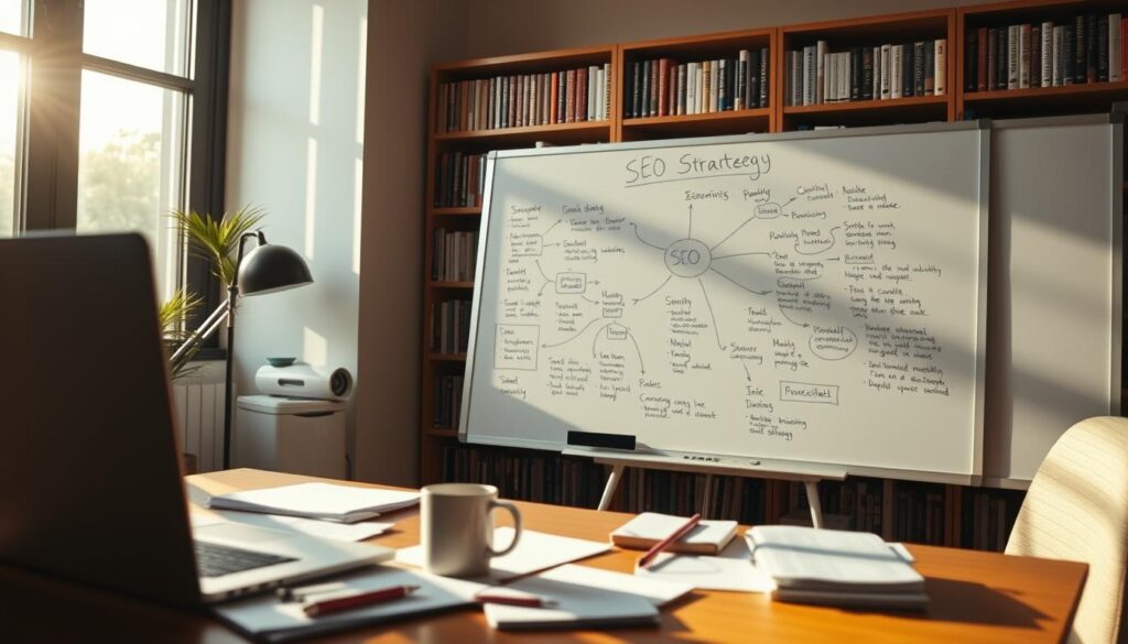 A serene office setting with a strategist meticulously planning an SEO campaign on a large whiteboard. Warm natural lighting from a nearby window illuminates the scene, casting soft shadows across the desk and workspace. In the foreground, a laptop and coffee mug sit alongside neatly organized notes and reference materials. The middle ground features the whiteboard, covered in a detailed mind map, flow charts, and handwritten annotations outlining the steps of the SEO strategy implementation. The background showcases a bookshelf filled with marketing and digital strategy guides, creating an atmosphere of focused expertise. The overall mood is one of thoughtful contemplation and a methodical approach to improving the online visibility and performance of a local Abilene business.