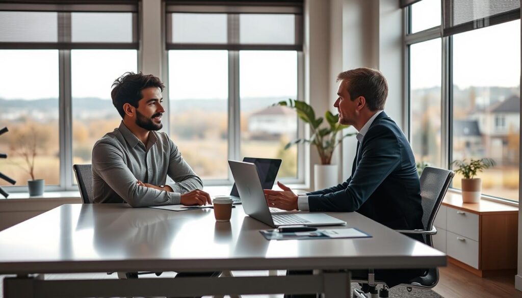A serene office setting with natural lighting, showcasing a thoughtful collaboration between two professionals discussing SEO strategy. The foreground features two people - a business owner and an SEO expert - sitting at a sleek, minimalist desk, engaged in an animated discussion, their body language conveying a sense of partnership and mutual understanding. The middle ground showcases a neatly organized workspace with a laptop, research materials, and carefully curated decor, reflecting a professional, detail-oriented approach. The background features large windows overlooking a picturesque suburban landscape, creating a calming, inspirational atmosphere conducive to productive work.
