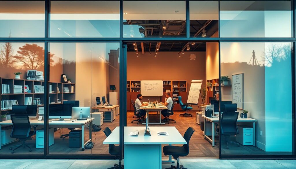 A serene office space in Aurora, Illinois, home to the Aurora SEO agency. The modern facade features sleek glass panels and a minimalist design, bathed in warm evening light. Inside, the workspace is filled with ergonomic desks, state-of-the-art computers, and vibrant team collaborations. Shelves of marketing materials and SEO strategy documents line the walls, while a large whiteboard dominates the central meeting area. The atmosphere is one of focused productivity, underscored by the agency's commitment to elevating their clients' online presence through innovative, data-driven SEO solutions.