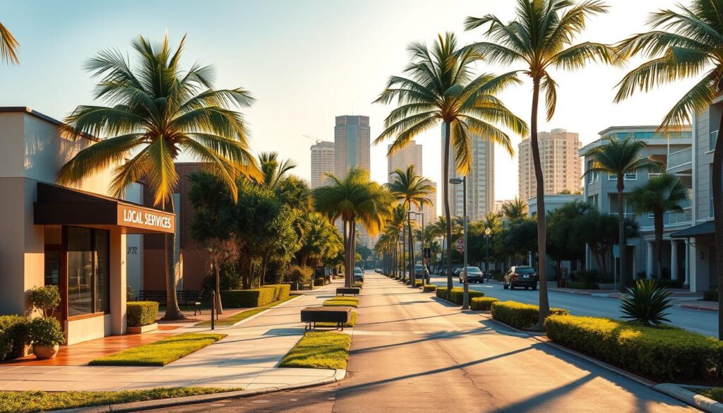 A serene street in the heart of Pompano Beach, Florida, bathed in warm, golden sunlight. In the foreground, a small local business storefront with a tasteful sign reading "Local SEO Services" stands out against the lush, verdant landscaping. The middle ground features well-maintained sidewalks and palm trees swaying gently in the coastal breeze. In the background, a picturesque cityscape of modern high-rises and historic architecture blend harmoniously, hinting at the vibrant community surrounding this local SEO provider. The scene conveys a sense of professionalism, community, and the perfect balance of coastal tranquility and urban dynamism.