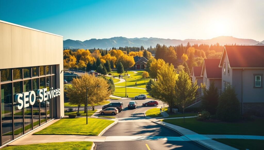A serene, sun-dappled street in Spokane Valley, WA, with neatly-manicured lawns and well-kept homes. In the foreground, a modern office building with large windows and a sleek, minimalist design. A sign on the building reads "SEO Services" in a bold, modern font. The middle ground features a lush, verdant park with people strolling along winding paths. In the background, the iconic Spokane Valley skyline, with towering mountains and a clear blue sky. The scene is illuminated by warm, golden sunlight, creating a sense of productivity, professionalism, and natural beauty. The overall atmosphere conveys the expertise and effectiveness of the SEO services offered in this thriving Pacific Northwest community.