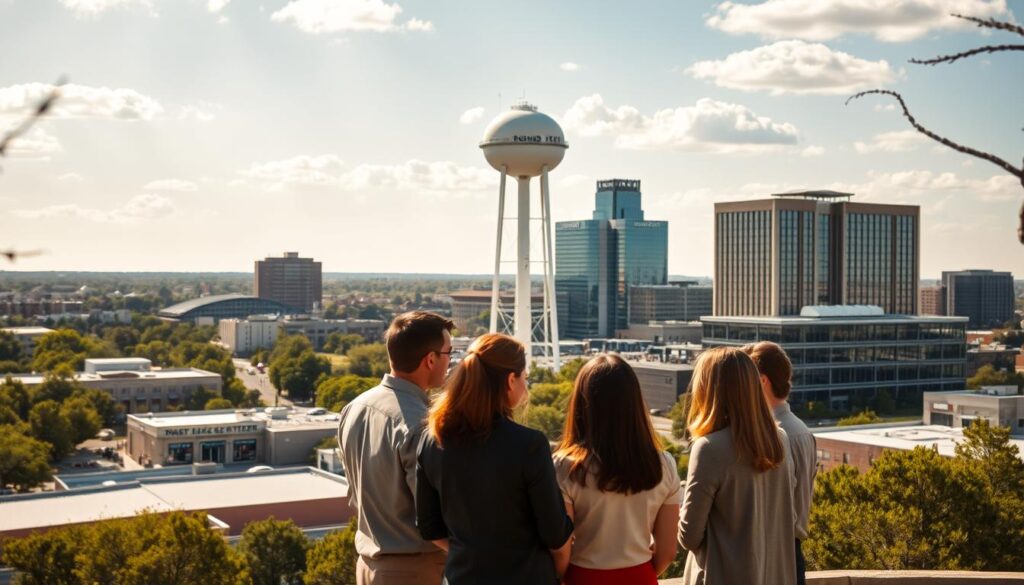 A serene, sun-drenched cityscape of Round Rock, Texas, with the iconic water tower standing tall, surrounded by a thriving business district. In the foreground, a group of professionals engaged in thoughtful discussion, showcasing the value of comprehensive SEO services tailored to the local community. The scene is captured through a wide-angle lens, emphasizing the harmony between the urban environment and the collaborative nature of digital marketing. Warm, natural lighting casts a welcoming glow, reflecting the expertise and dedication of the SEO experts serving the vibrant businesses of Round Rock.