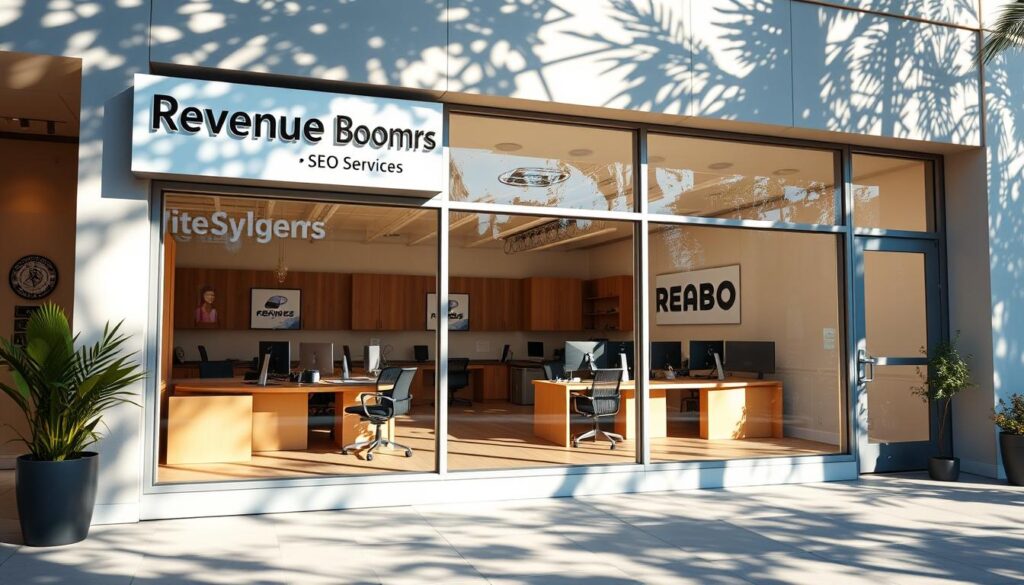 A serene, sun-drenched office in the heart of Lafayette, Louisiana. The facade exudes a modern, professional vibe with clean lines and tasteful signage showcasing "Revenue Boomers - SEO Services". Through the large windows, one can glimpse a team of digital marketing experts hard at work, surrounded by sleek workstations and state-of-the-art equipment. The interior is bathed in a warm, natural light that accentuates the rich, wooden accents and subtle branding elements. An air of focused productivity and innovation permeates the space, reflecting the expertise and dedication of the Revenue Boomers team as they deliver top-tier SEO solutions to local businesses.