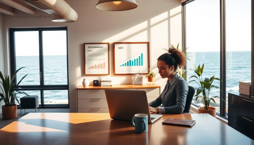 A serene, sun-drenched office space in Carlsbad, CA, showcasing the comprehensive SEO services offered. In the foreground, a stylish desk with a laptop, coffee mug, and task-focused professional. The middle ground features modern, minimalist decor, including framed digital marketing analytics and SEO performance charts. The background depicts the iconic California coastline, with a hint of the Pacific Ocean peeking through the large windows, creating a calming, productive atmosphere. Warm, diffused lighting from overhead fixtures and natural sunlight casts a gentle glow, highlighting the attention to detail and expertise of the SEO services team.