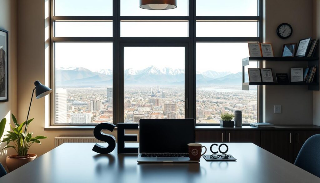 A serene, sun-drenched office space showcasing the comprehensive SEO services offered in Greeley, CO. In the foreground, a sleek, minimalist desk with a laptop, coffee mug, and a stylized "SEO Services Greeley CO" signage. Mid-ground features a large window overlooking the vibrant cityscape, with the majestic Rocky Mountains in the distance. Soft, natural lighting filters through, creating a warm, inviting atmosphere. The background is adorned with shelves displaying SEO-related books, awards, and certifications, conveying expertise and professionalism. The overall scene exudes a sense of productivity, innovation, and the reliable SEO solutions available to local businesses in Greeley.