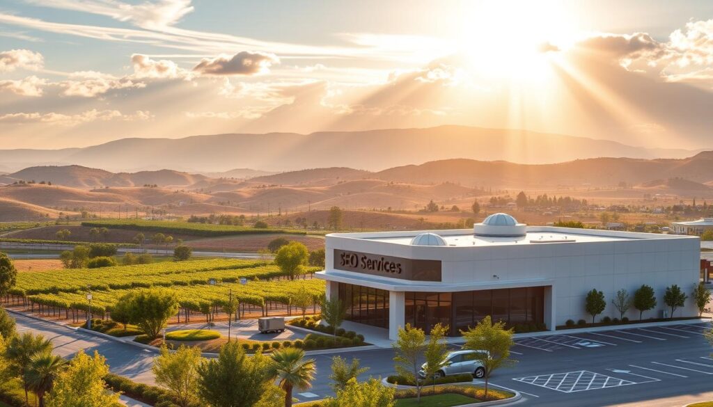 A serene, sun-drenched skyline of Temecula, California, with rolling hills and vineyards in the background. In the foreground, a sleek, modern office building adorned with an eye-catching "SEO Services" sign, surrounded by lush landscaping and a well-maintained parking lot. The building's architecture features clean lines, large windows, and a stylish facade that conveys professionalism and expertise. Rays of warm, golden light filter through wispy clouds, casting a welcoming glow over the scene. The overall atmosphere exudes a sense of confidence, reliability, and a commitment to delivering top-notch search engine optimization services to the Temecula community.