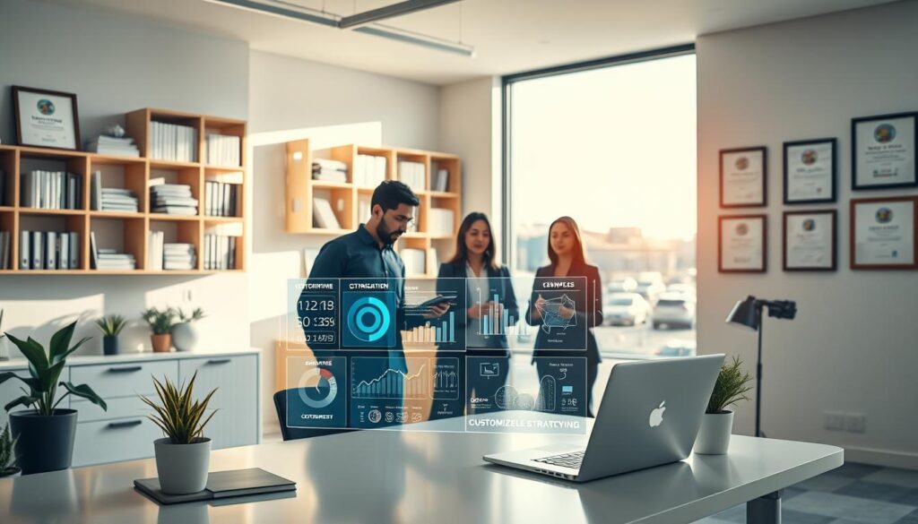 A serene, sunlit office interior with a large window overlooking the bustling streets of Victorville. In the foreground, a sleek, minimalist desk with a laptop, a few carefully curated office supplies, and a potted plant. On the desk, a holographic display showcases intricate SEO analytics and customizable strategy elements. In the middle ground, a team of marketing professionals collaborating, their expressions focused and determined. The background features bookshelves filled with industry-relevant resources and framed certifications highlighting the company's expertise in SEO solutions tailored for local Victorville businesses. The overall mood is one of professionalism, innovation, and a commitment to driving online visibility and success.