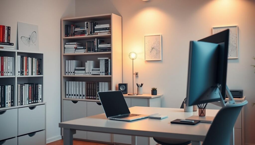 A serene, well-lit home office with a modern, minimalist desk setup. On the desk, a laptop, a sleek monitor, and a neatly organized array of office supplies. In the background, bookshelves filled with technical manuals and web development resources. Soft, warm lighting illuminates the space, creating a focused, productive atmosphere. The walls are adorned with subtle, abstract digital art pieces that complement the clean, technology-driven aesthetic. The overall scene conveys the essential elements of technical SEO, emphasizing organization, attention to detail, and a dedication to optimizing digital content.