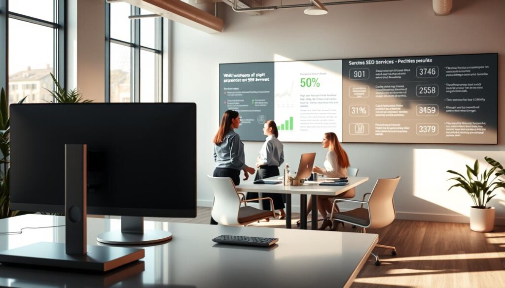 A serene, well-lit office interior showcasing the comprehensive suite of SEO services in Allen, TX. In the foreground, a sophisticated desktop workstation with a sleek monitor displaying analytics dashboards. The middle ground features a team of professionals deeply engrossed in their work, collaborating on strategies to boost online visibility. In the background, a large wall-mounted display highlights key performance metrics and success stories. Warm, natural lighting filters through large windows, creating a professional yet inviting atmosphere. The overall scene conveys expertise, innovation, and a commitment to delivering exceptional SEO services to local businesses.
