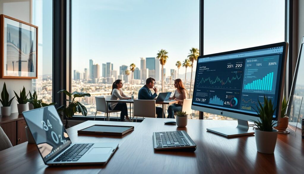 A serene, well-lit office setting with a large window overlooking a bustling urban landscape of Clovis, CA. In the foreground, a wooden desk features a laptop, a tactile keyboard, and a sleek monitor displaying analytical SEO data. Elegant office decor, including potted plants and framed art, creates a professional yet cozy atmosphere. The middle ground showcases a team of SEO experts deeply engaged in their work, collaborating on strategies and reviewing keyword performance. In the background, the cityscape is visible, with skyscrapers and palm trees, conveying a sense of a thriving, tech-savvy community. Soft, natural lighting filters through the window, casting a warm glow over the scene. The overall impression is one of a comprehensive, data-driven SEO service that seamlessly integrates with the local Clovis business ecosystem.
