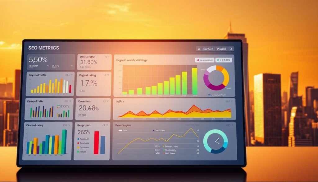 A sleek dashboard displays key SEO metrics against a backdrop of a stylized city skyline, bathed in warm, golden light. In the foreground, colorful charts and graphs illustrate website traffic, keyword rankings, and conversion rates, providing a comprehensive overview of digital performance. The middle ground features a large bar chart tracking organic search visibility over time, while in the distance, towering skyscrapers symbolize the prominence and reach of a successful online presence. The overall mood conveys a sense of data-driven expertise and impactful digital marketing insights.