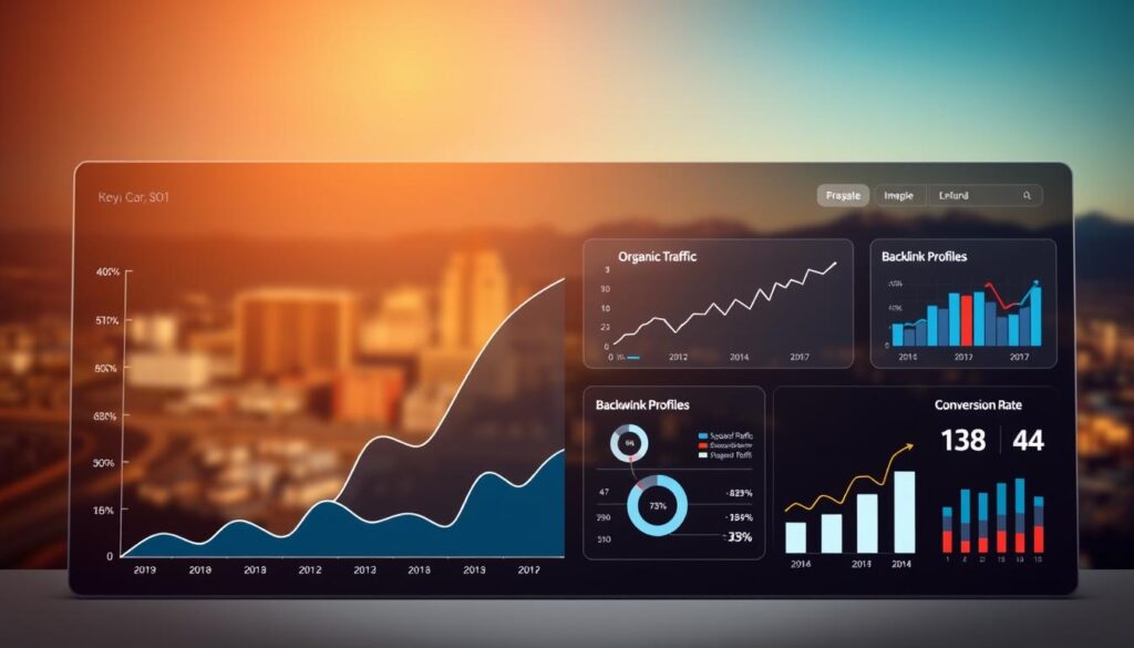 A sleek, data-driven dashboard showcasing key SEO metrics and ROI insights. In the foreground, a line graph tracks organic traffic growth over time, conveying the impact of SEO efforts. In the middle ground, various KPIs are displayed in clean, minimalist infographic panels - including keyword rankings, backlink profiles, and conversion rates. The background features a subtle cityscape of Sparks, Nevada, symbolizing the local focus of the SEO services. Warm, directional lighting from the top-left casts a professional, analytical tone, while a shallow depth of field keeps the data visualization in sharp focus. The overall scene conveys a sense of progress, optimization, and measurable return on investment.