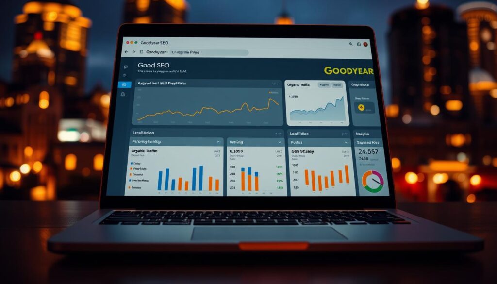 A sleek laptop displaying a comprehensive Goodyear SEO analytics dashboard, bathed in warm, focused lighting and captured from a low, dynamic angle. The dashboard showcases key performance metrics like organic traffic, keyword rankings, and local citation data, all neatly organized to provide a clear, data-driven overview of a successful local SEO strategy. The background features a blurred cityscape of Goodyear, Arizona, hinting at the local context of the analysis. The overall scene conveys a sense of analytical prowess, digital mastery, and data-driven marketing optimization.