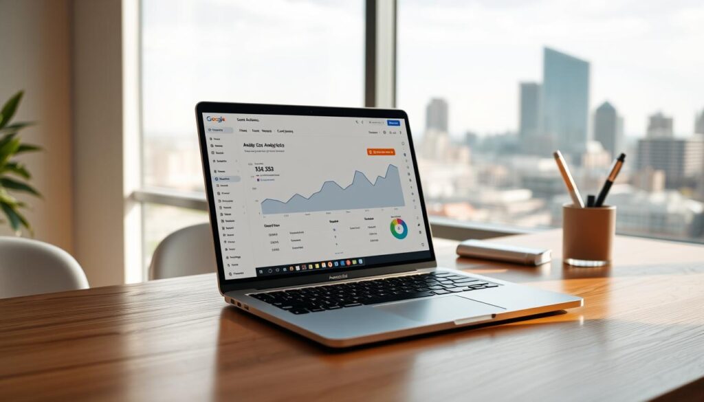 A sleek laptop sitting on a wooden desk, its screen displaying an analytics dashboard with charts and graphs tracking SEO metrics for a Hampton, VA business. Soft, natural lighting illuminates the scene, creating a professional and productive atmosphere. In the background, a city skyline is visible through a large window, hinting at the bustling commercial hub of Hampton. The laptop's reflective surface adds a touch of elegance, while the carefully curated desk accessories, such as a minimalist pen holder and a potted plant, suggest an organized and efficient workspace. This image visually conveys the concept of "Measuring SEO Success for Hampton Businesses".