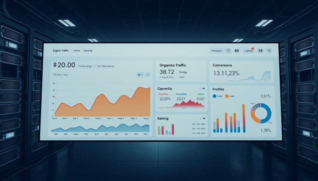 A sleek, minimalist dashboard display showcasing real-time SEO performance metrics. The foreground features a large, vibrant graph charting organic traffic, keyword rankings, and conversion rates over time. In the middle ground, concise data visualizations and KPI panels provide at-a-glance insights. The background is a clean, muted landscape of server racks, network cables, and a stylized globe, evoking the global reach of search engine optimization. The lighting is soft, directional, and slightly moody, casting subtle shadows that add depth and dimension. The overall tone is professional, informative, and geared towards data-driven decision making.