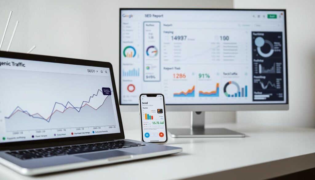 A sleek, minimalist dashboard displaying key SEO metrics and insights. In the foreground, a laptop screen showcases a line graph tracking organic traffic over time, with colorful data visualizations. The middle ground features a smartphone displaying social media analytics and keyword rankings. In the background, a large monitor shows a comprehensive SEO report with charts, tables, and performance summaries, all bathed in a soft, diffused lighting. The scene conveys a sense of data-driven decision making, efficiency, and digital marketing mastery.