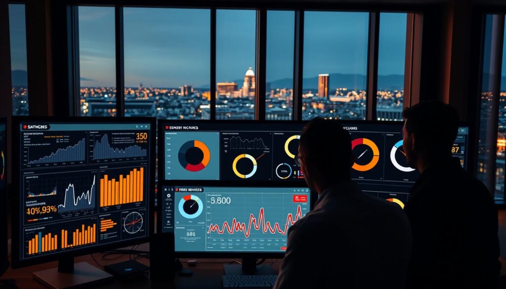 A sleek, minimalist dashboard displaying key SEO metrics on high-resolution monitors, bathed in warm, focused lighting. In the foreground, various charts, graphs, and gauges visualize website traffic, search rankings, backlinks, and other crucial SEO data. The middle ground features a team of analysts intently studying the dashboard, their faces illuminated by the glow of the screens. In the background, a cityscape of Clovis, CA, can be seen through large windows, emphasizing the local focus of the SEO services. The overall mood is one of analytical precision, data-driven decision making, and a commitment to driving measurable results for the Clovis business.